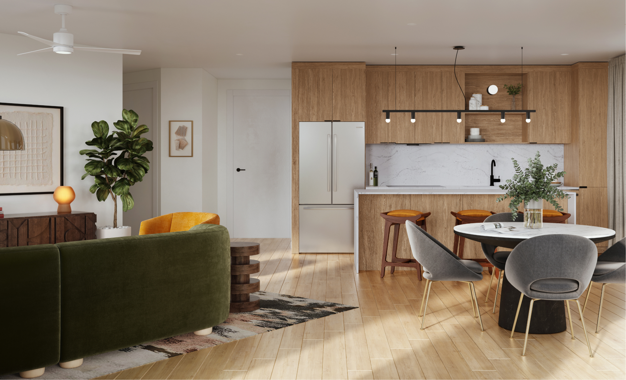 Open-concept living room at The Code Austin in the Shady Grove palette with a green velvet sofa, orange chair, wood console, and engineered wood flooring.