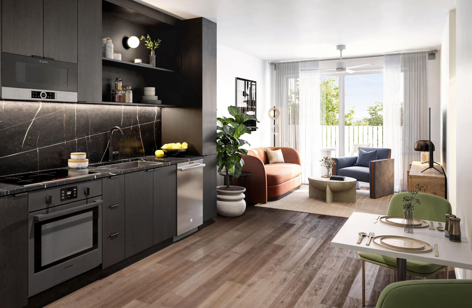 Open-concept space at The Code Austin in the Moontower finish palette with kitchen, sofa and chair, TV, large bright window, and small dining area.