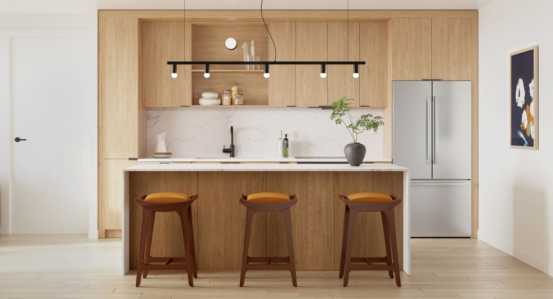 Open kitchen at The Code Austin in the Skylark finish palette with oak cabinetry, wood bar stools with orange seats, quartz countertops, Bosch appliances, and black fixtures.