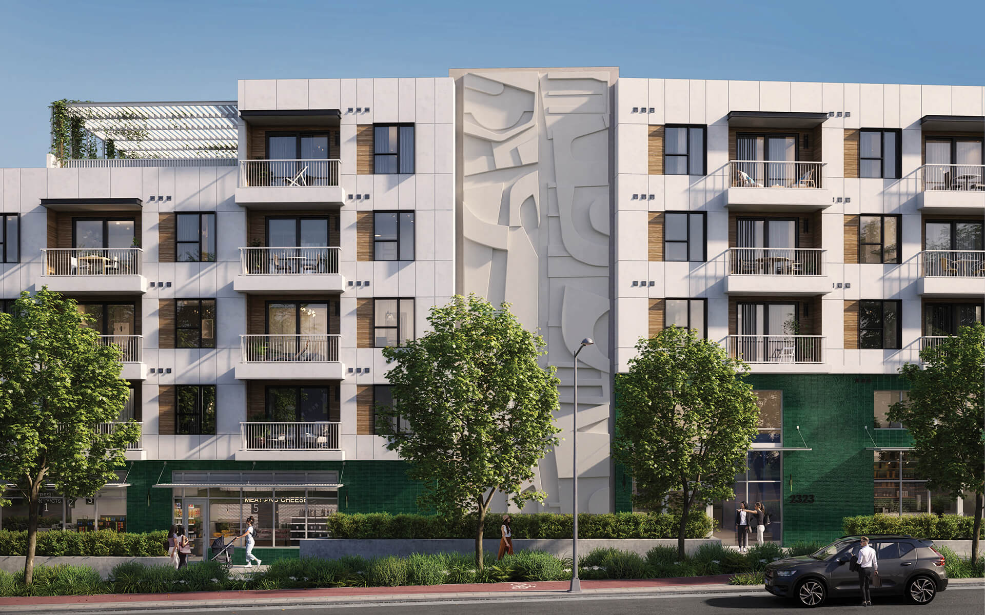 The Code Building Exterior with Sculpture Wall