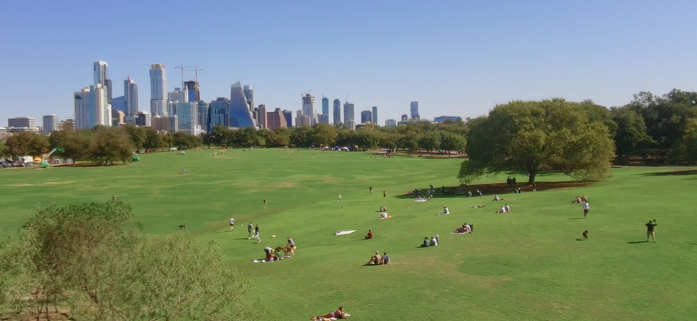 Aerial view of Zilker Park in Austin with lush green grass on a sunny day and a clear view of the downtown skyline.