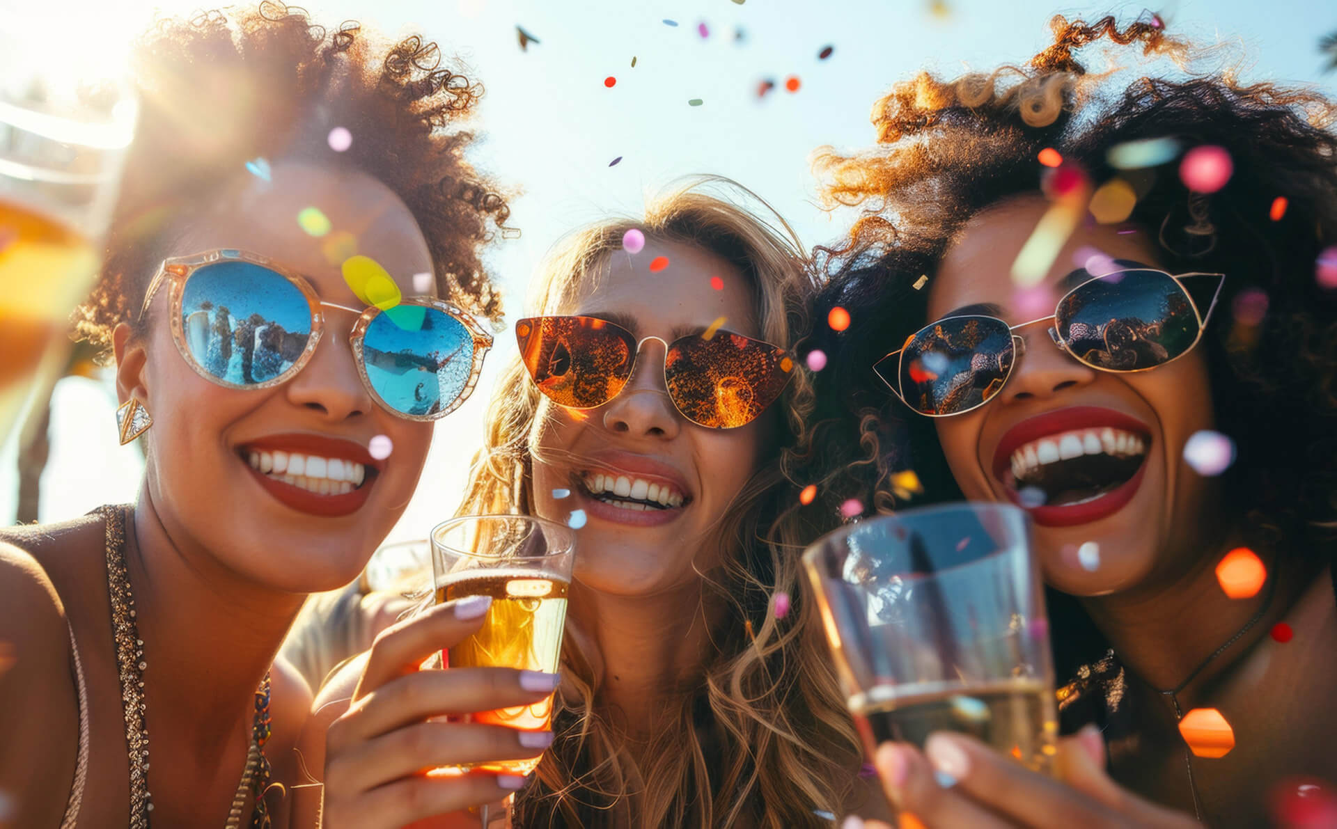 Three women wearing fun sunglasses celebrating outdoors at The Code Austin with cocktails and confetti in the daytime.